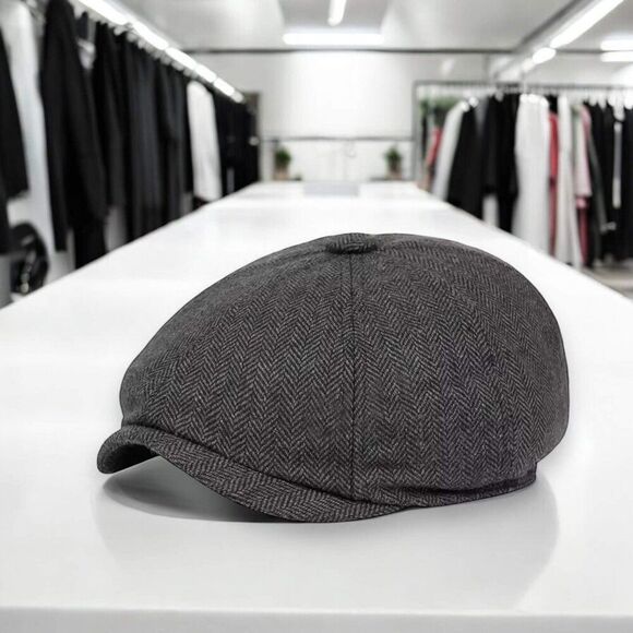 Gray Herringbone Flat Cap Newsboy Hat - NEW - Picture 1 of 1